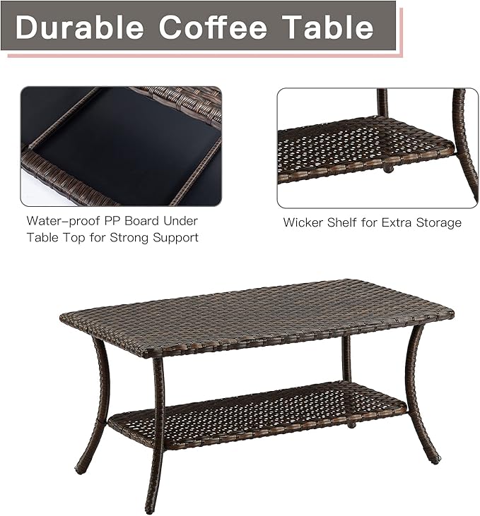 Patio Tables Outdoor Coffee Table - Wicker Rattan Coffee Tables with 2-Tier Storage Shelf Side Table for Porch Deck Balcony Garden Outside Rectangle Brown
