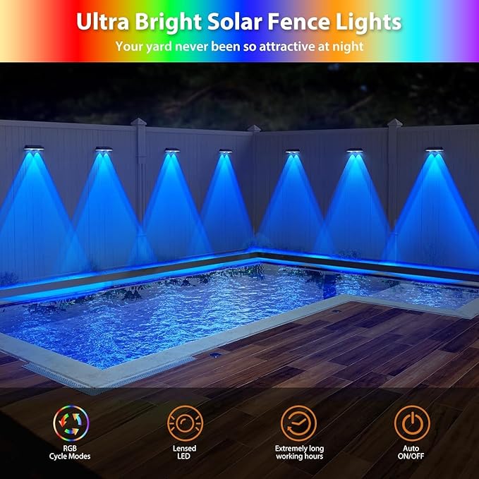 Solar Fence Lights ,RGB & Warm White & 6 Colors Lens LED Dusk to Dawn Deck Light, Fence Solar Lights Outdoor Waterproof, Solar Outdoor Lights for Backyard/Railing/Wall/Step/Patio/Pool -set of 20