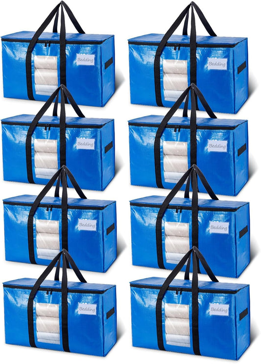 TAILI Extra Large Moving Bags, 8 Pack Blue Heavy Duty Totes For Storage with Visible Window, Wrap Around Handles, Storage Bags for Space Saving, Alternative to Moving Boxes