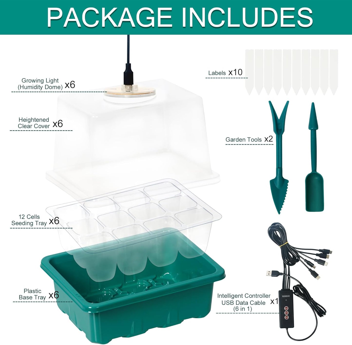 6-Set Seed Starter Tray with Grow Light, Seed Starting Trays Kits with Timing Controller Adjustable Humidity Domes Heightened Lids(12-Cells Per Tray)