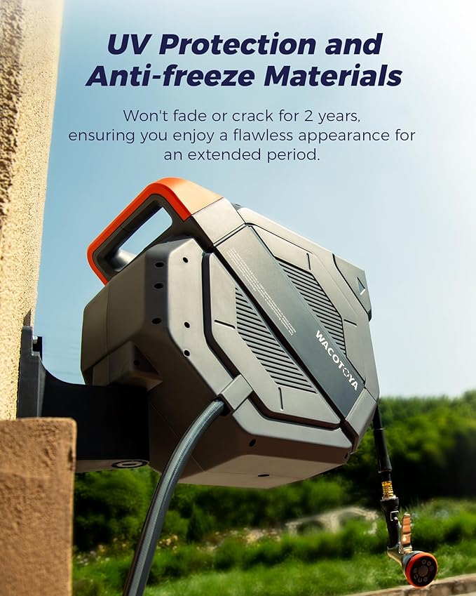 Retractable Garden Hose Reel 1/2 in x 175 ft Professional Metal Bracket & 9-Pattern Metal Nozzle UV Resistant Brass Fitting Heavy Duty Wall Mount Any Length Lock Slow Retraction 180° Swivel