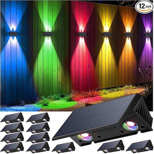 Fence Lights Solar Powered, 12-Pack Solar Fence Lights Up/Down Flexible Buttons, IP67 Waterproof for Outdoor, 120LM Bright, Auto Dusk to Dawn for Wall/Stairs/Yard/Railing/Deck/Pathway (White & RGB)