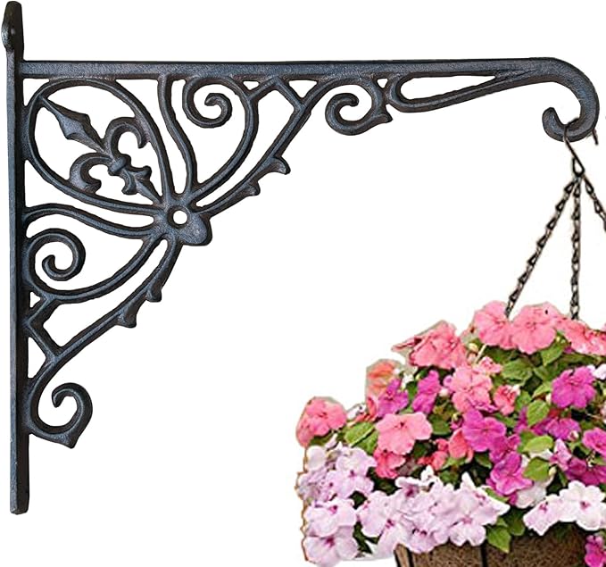 KiaoTime Cast Iron Hanging Hook Bracket Wall Hanger 12" Deep Outdoor Indoor Wall Hanging Bracket Hooks for Pots Basket Bird Feeder Wind Chime Lanterms Hanger Hardware Bracket