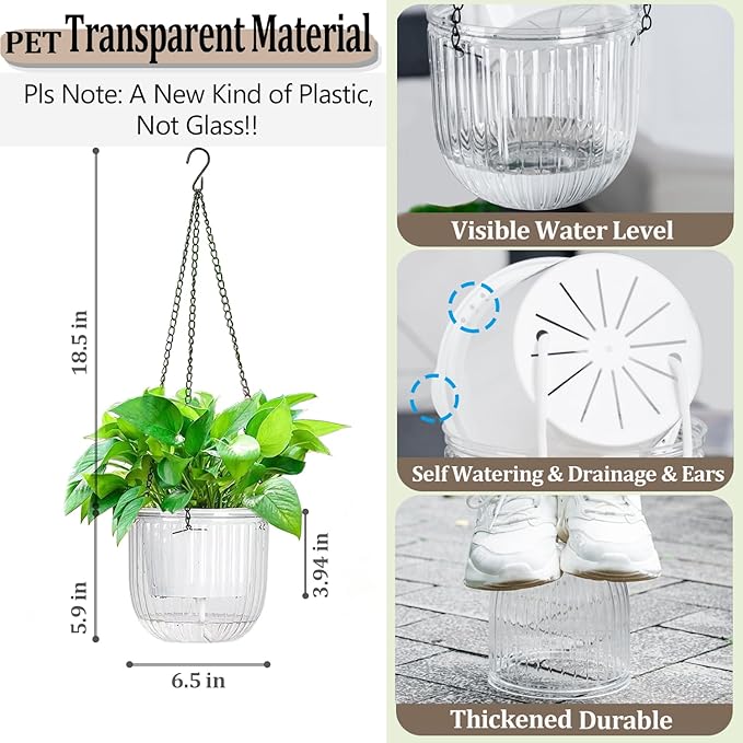 Melphoe 2 Pack Self Watering Hanging Planters Indoor Flower Pots, 6.5 Inch Outdoor Hanging Plant Pot Basket, Plant Hanger with 3Hooks Drainage Holes for Garden Home