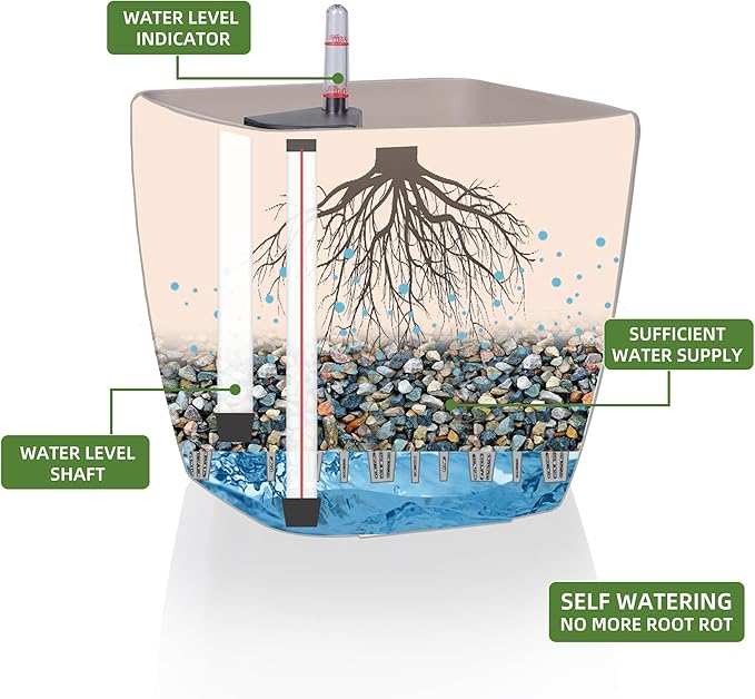 Dexceder 9x8 Self Watering Planter Indoor Outdoor, Inner Mat Design, Thickened Table Flower Plant Pot with Water Level Indicator (Taupe Matte)