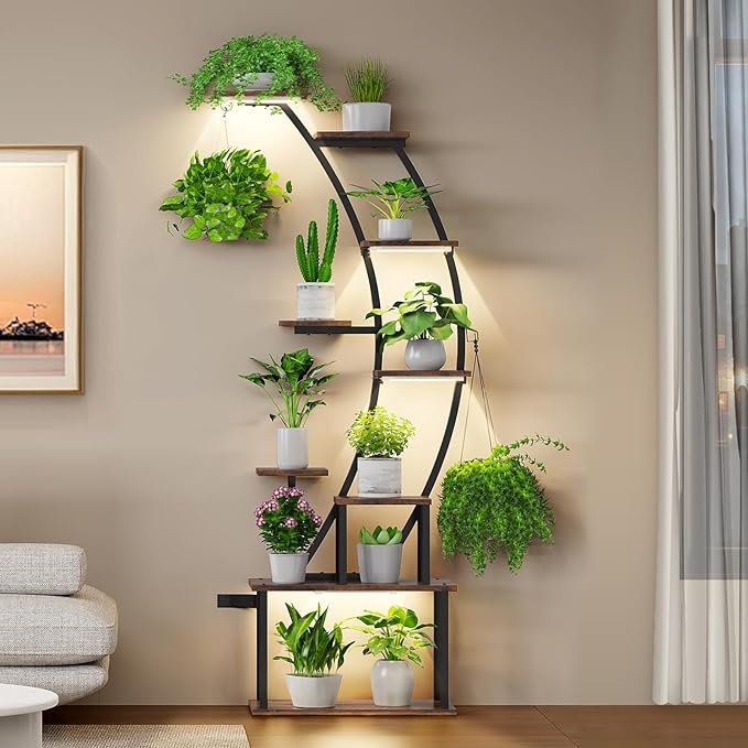 Plant Stand Indoor with Grow Lights, 9 Tiered Metal Plant Shelf Pots For Plant Lovers, 63" Tall Indoor Flower Rack Display Holder Multiple For Room, Corner Large Planter Shelves For Patio,Wall
