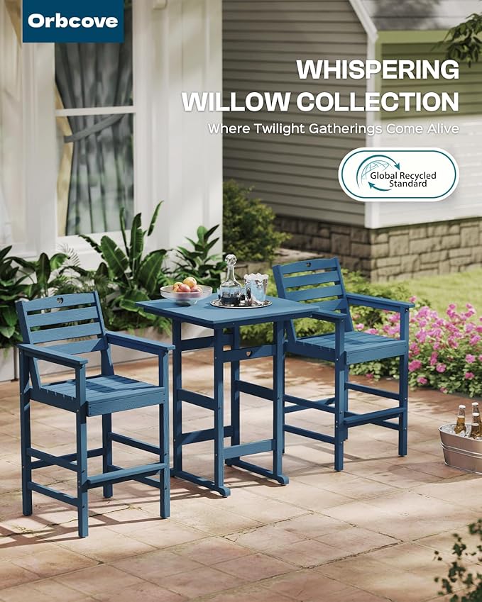 3-Piece Bar Height Patio Table and Chairs Set, HDPE Wood Grain Outdoor Bar Table and Chairs with Heart Cutout Design, Weather-Resistant Bar Height Furniture for Deck, Porch, Pool (Navy Blue)