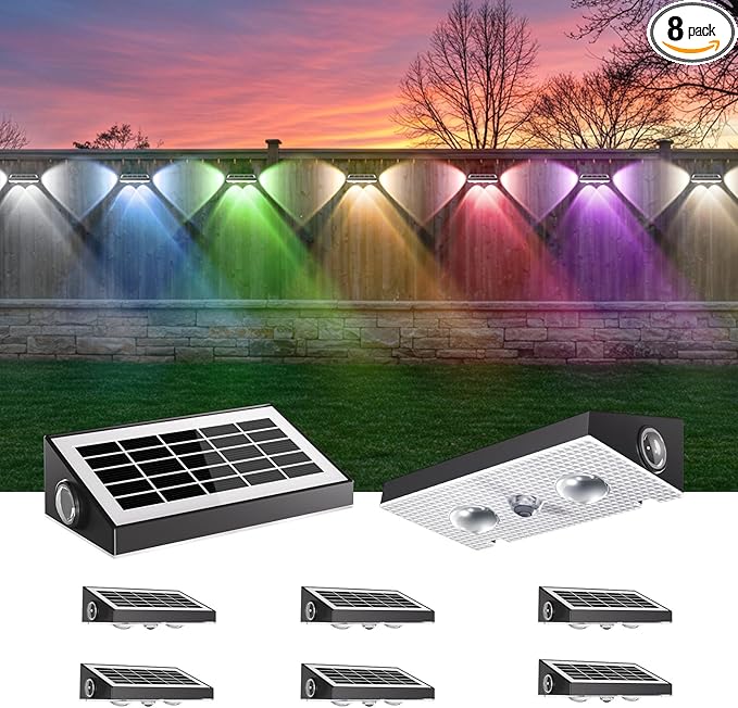 OUTON Solar Fence Lights Outdoor, 3-Side RGBCW Fence Light Solar Powered, 10 Modes Dusk to Dawn Auto ON/Off Deck Lights, IP65 Waterproof Outside Light for Garden Step Patio Backyard Wall, 8-Pack
