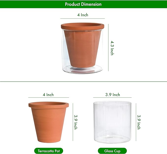D'vine Dev 4 Inch Design Self Watering Pot for Indoor Plants, Terracotta Planter with Cylinder Glass Cup, Set of 1, 37-X-A-1