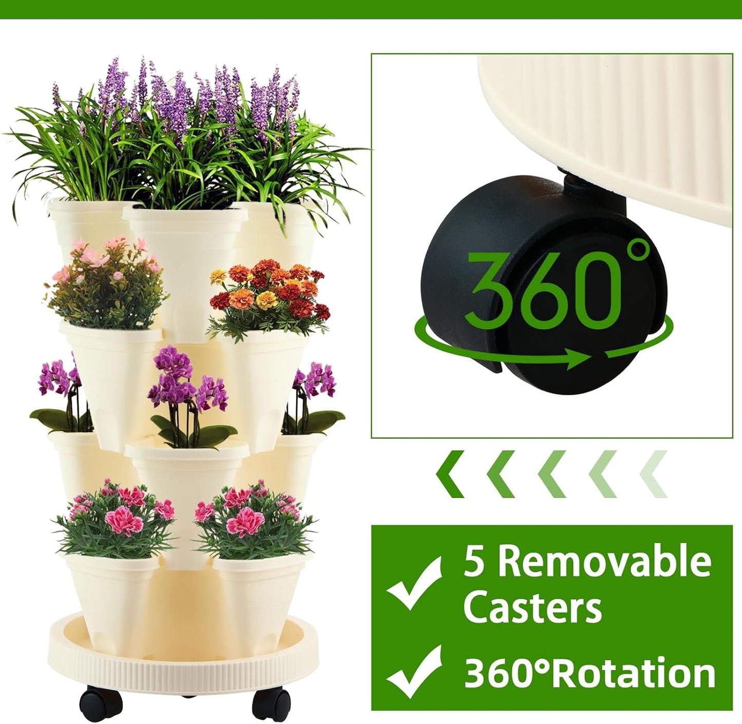 4 Tier Garden Tower Strawberry Planter Stackable Vertical Garden Planter for Herb Flowers Succulents and Lettuce Indoor/Outdoor Off-White