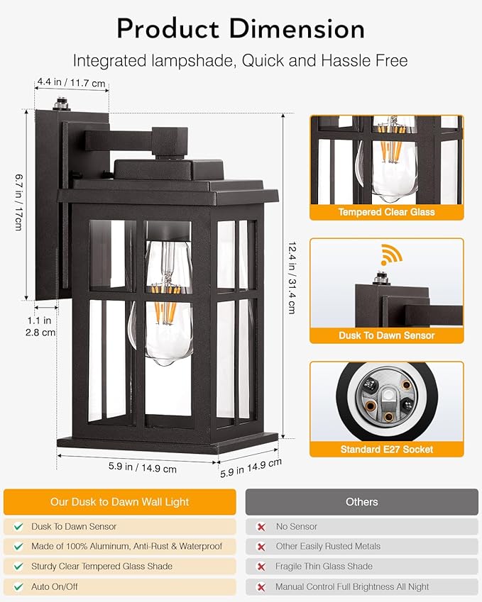 Bronze Outdoor Lights for House, Dusk to Dawn Exterior Lighting Fixtures, Outdoor Wall Lights for House, Garden, Entryway, Doorway, Anti-Rust, Waterproof, E26 Socket