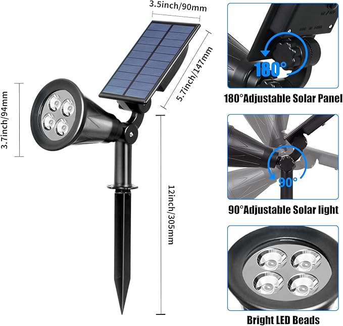 T-SUN Solar Spotlights, Waterproof Outdoor Solar Landscape Spot Lights Auto ON/Off Adjustable Solar Garden Lights LED Wall Lights for Patio, Driveway, Yard, Pool Area (White-2Pack)