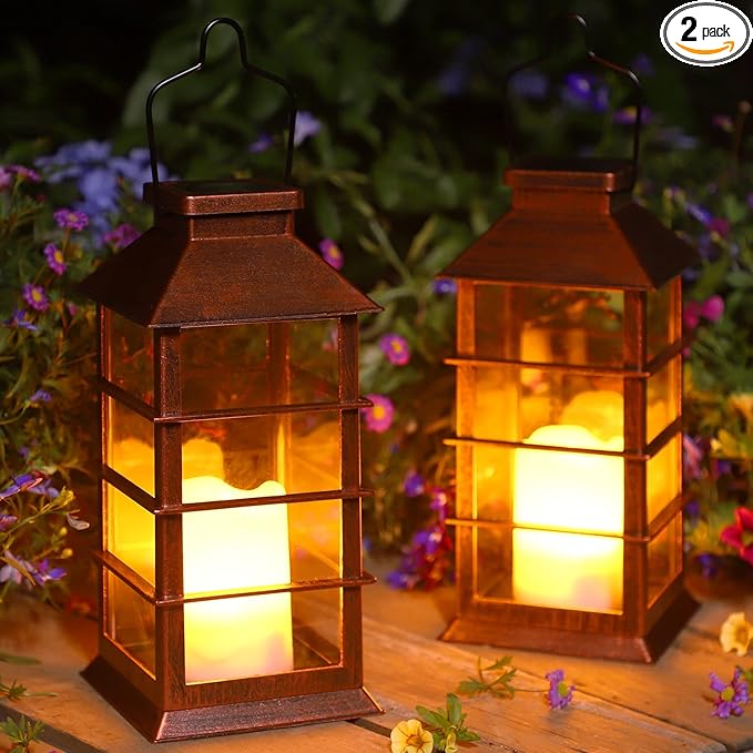 2 Pack Christmas Solar Lantern,Outdoor Garden Hanging Lantern-Waterproof LED Solar Lanterns Plastic Flickering Flameless Candle Mission Lights for Christmas Table, Outdoor, Party Decorative (Bronze)