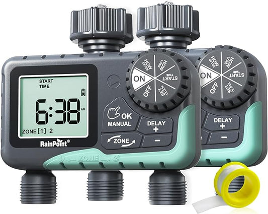 RAINPOINT 2 Zone Sprinkler Timer - 2pcs Water Timer for Garden Hose with Rain Delay/Manual Watering/Automatic Irrigation Controller System - Water Hose Timer Programmable Faucet Timer for Yard Lawn