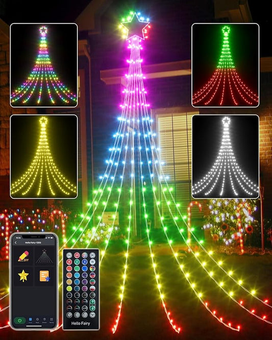23FT Outdoor Decorations Waterfall String Lights for Valentines, Smart Romantic RGB Led Star Tree Lights DIY Preset Scenes App Remote Control Large Unique Yard Lights for Outside Patio Home