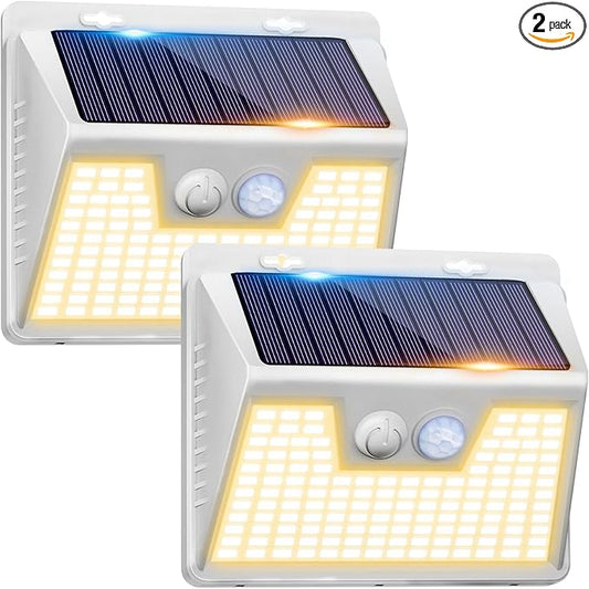 Peasur White Frame Solar Motion Sensor Lights Outdoor - 2 Packs, 180LED Warm Solar Wall Lights, Waterproof, 3 Modes Fence Security Lighting for Deck, Yard, Stairs, Garden