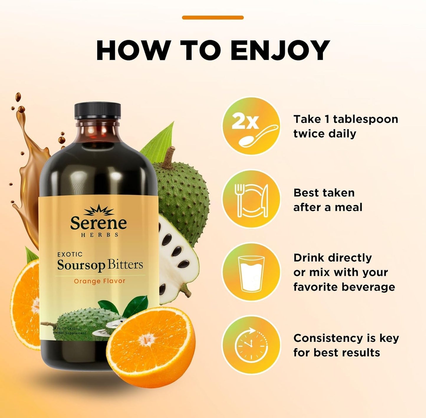 Serene Herbs Soursop Bitters Liquid with Soursop Leaves for Gut Cleanse, Detox & Immune Boost with Black Seed, Moringa, Irish Moss, Ashwaganda, Turmeric, 16 fl oz (16 Fl Oz, Orange)