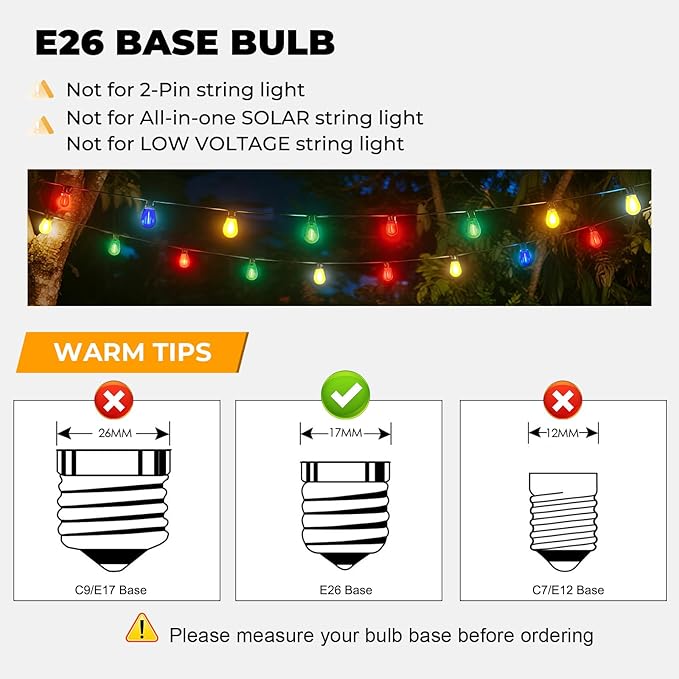 24 Pack S14 Colored LED String Light Bulbs, 1W Plastic Shatterproof Replacement Bulbs for Outdoor Patio Backyard Lights, E26 Medium Base, Warm White 2200K, Dimmable, Red/Green/Blue/Orange
