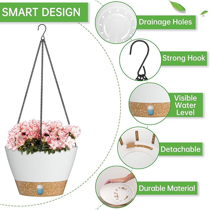 ZMTECH Hanging Planters for Indoor Plants Set of 2 Self Watering Hanging Pots Hanging Baskets Hanging Flower Pots for Outdoor Hanging Plants(10 Inch, White)