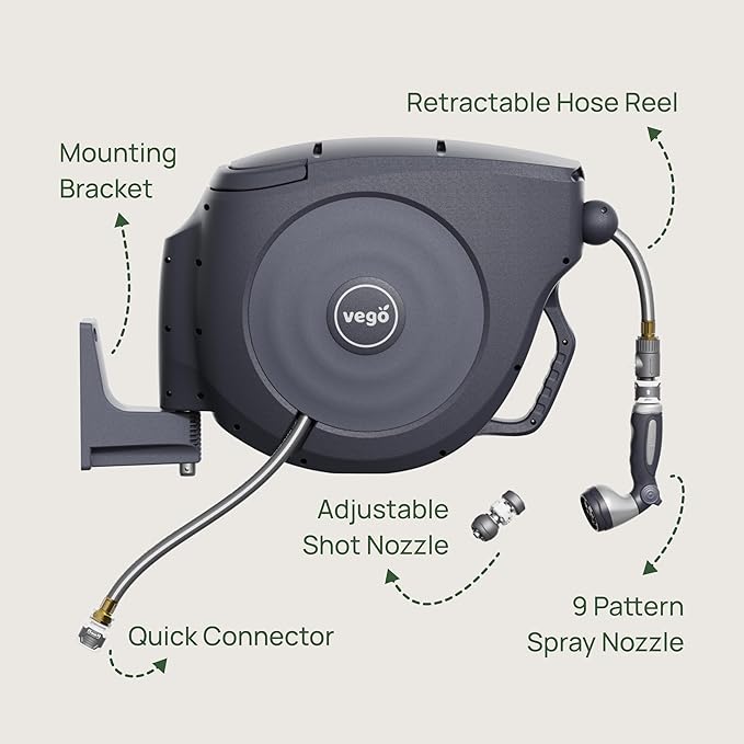 Vego Garden Hose Reel Retractable Hi-Flow x 100ft Wall Mounted Hose Reel Automatic Rewind, Any Length Lock with 9 Patterns Sprayer Nozzle, Quick Connector and Adjustable shot Nozzle-Tidepool Blue