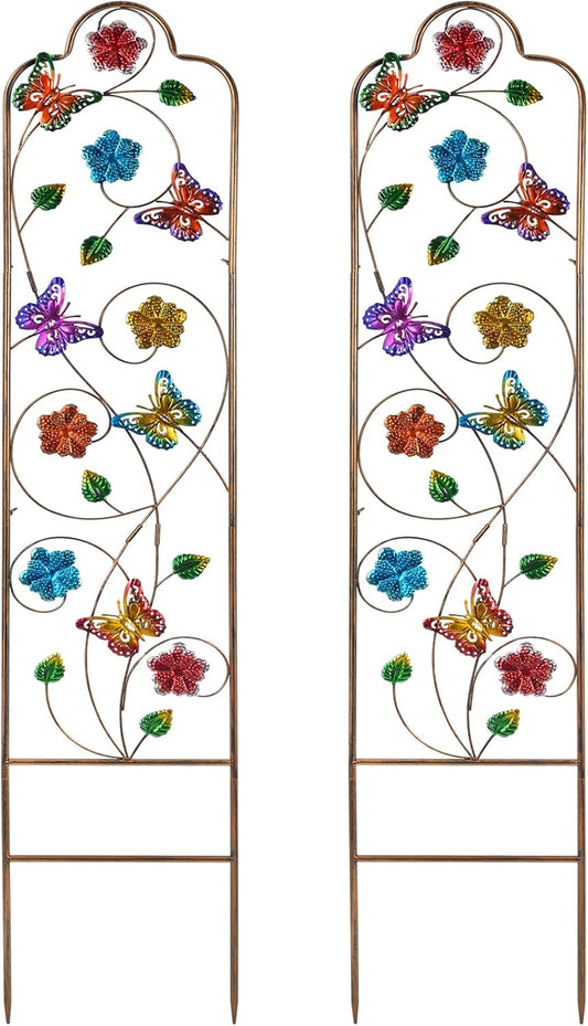 2-Pack Metal-Garden-Trellis Plant-Support-Trellises Outdoor-Decoration Arched-Fence-Trellis - for Climbing Plants Patio Lawn Yard Backyard Wall Brackets 60'' H x 12'' W Colorful Butterfly