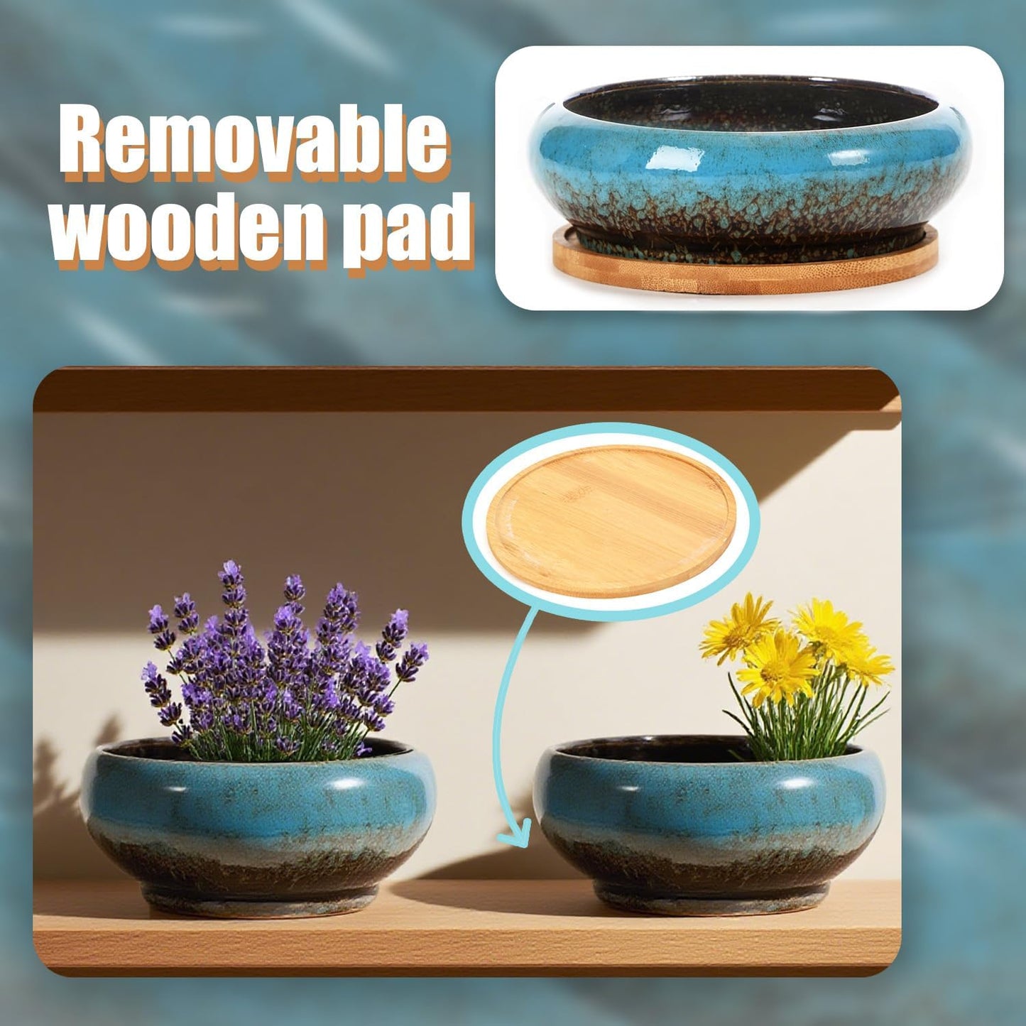 Ceramic Lotus Bowl Planter with Bamboo Stand,Lotus Flower Bowl for Water Plants,Water Lily Pot,Hydroponic Bowl Planter,Garden Decorative Flower Container for Bonsai/Succulents/Cactus(Sapphire Blue)