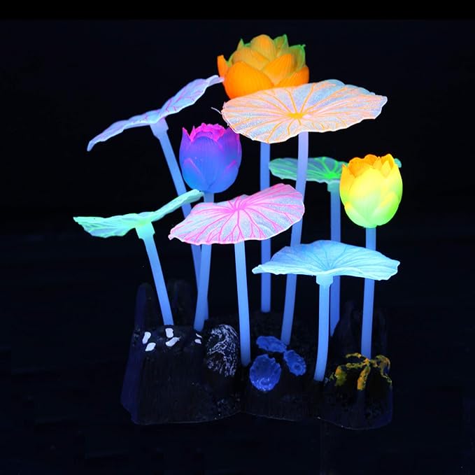 Lpraer 4 Pack Glow Aquarium Decorations Coral Anemone Lotus Leaf Seaweed Simulation Glow Plant Glowing Effect Silicone for Fish Tank Decorations