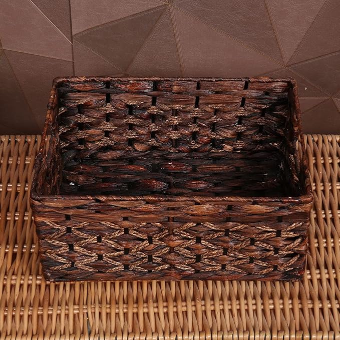 Rectangular Woven Water Hyacinth Basket,Dark Storage Basket With Inside Handle Shelves Kitchen Office Desk (Small)