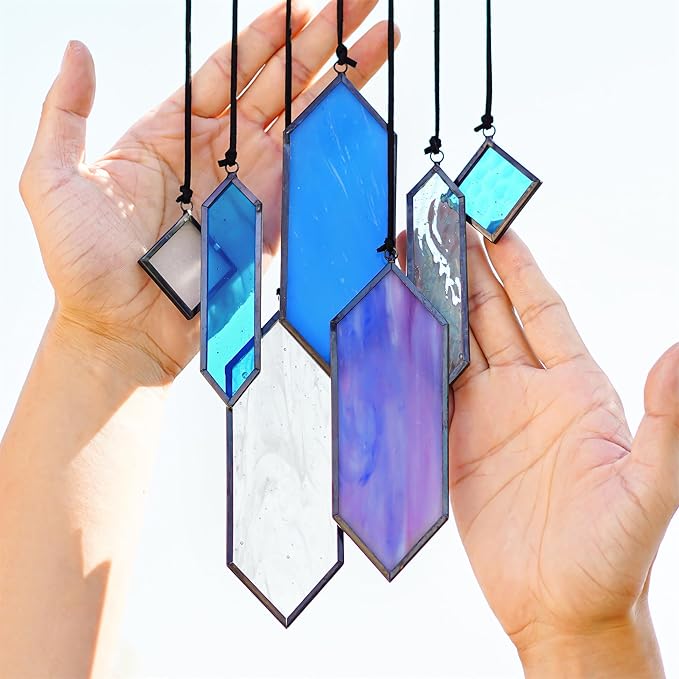 HDCRYSTALGIFTS Stained Glass Window Hanging Suncatchers - 7 Pieces Handcrafted Element Earth Tones Set,Modern Blue Wall Art Sun Catchers Indoor Window Glass Decor Gifts for Mom,Grandma