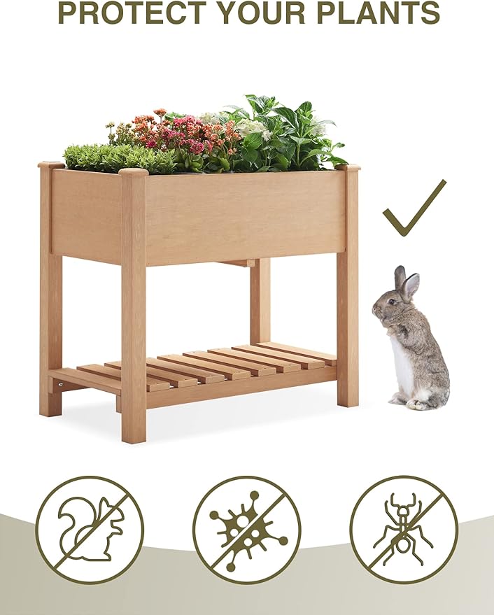 Psilvam Planter Box Raised Garden Bed, Poly Lumber Raised Garden Beds Outdoor with Storage Racks and Tarps, Superior to Cedar Elevated Garden Bed, for Balcony and Porch, 350 lbs Load (Teak Color)