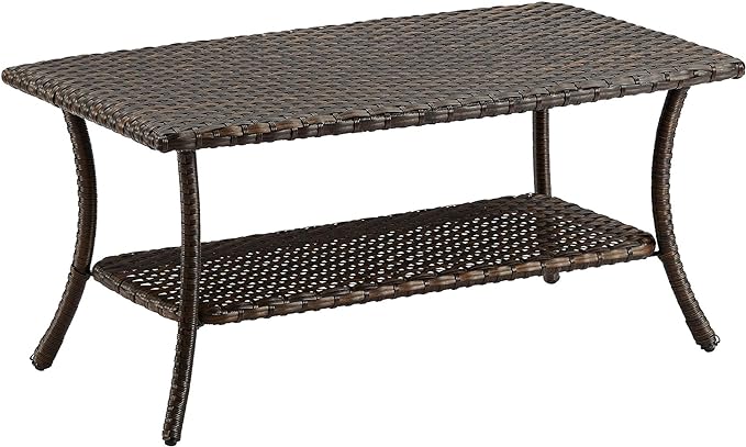 Patio Tables Outdoor Coffee Table - Wicker Rattan Coffee Tables with 2-Tier Storage Shelf Side Table for Porch Deck Balcony Garden Outside Rectangle Brown