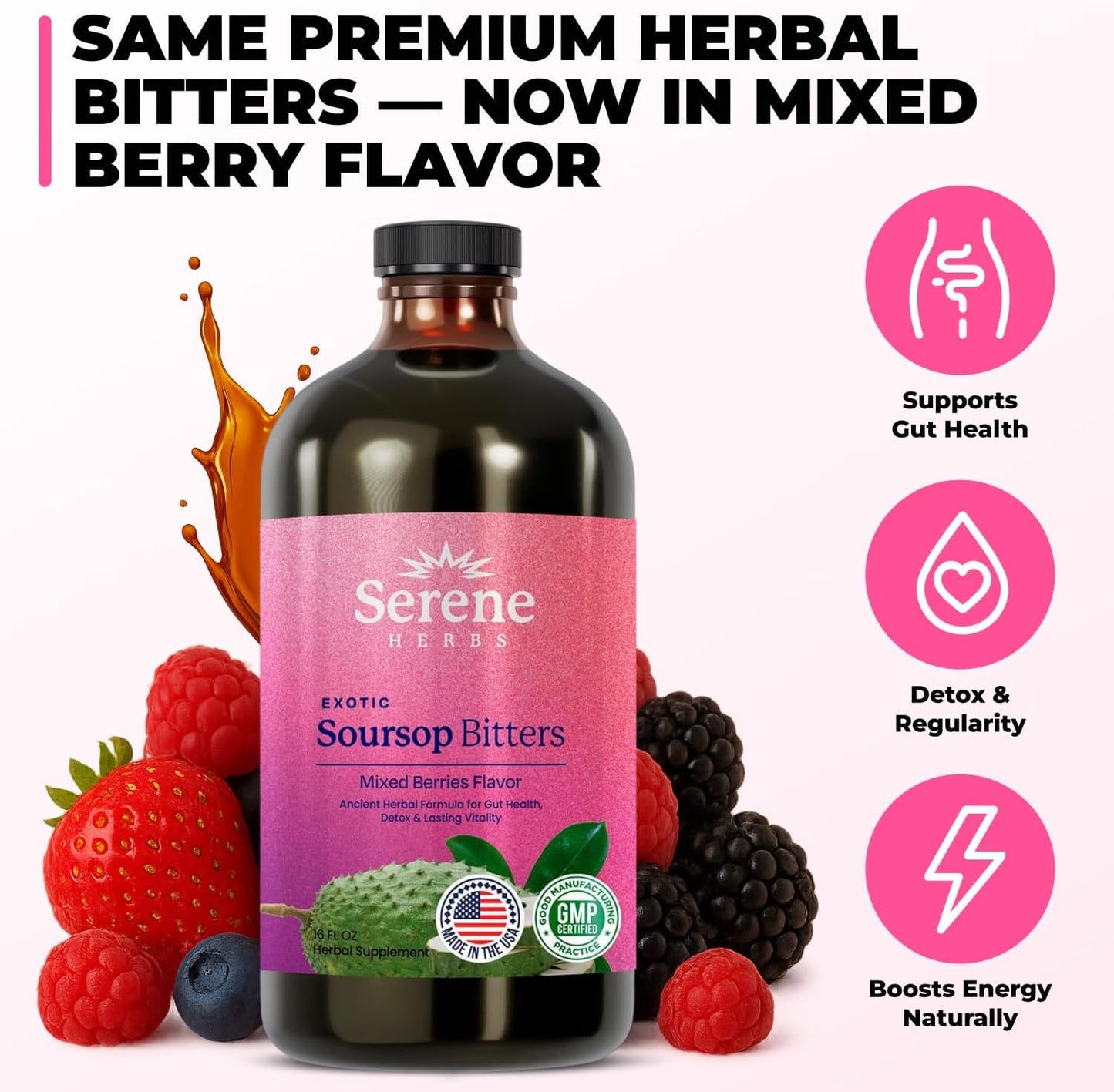Serene Herbs Soursop Bitters Liquid - Organic Herbal Sour Sop Guanabana with Black Seed, Moringa, Irish Moss & Ginger – Gut Support, Energy & Immune Boost – Vegan, Non-GMO – Mixed Berry Flavor – 16 oz