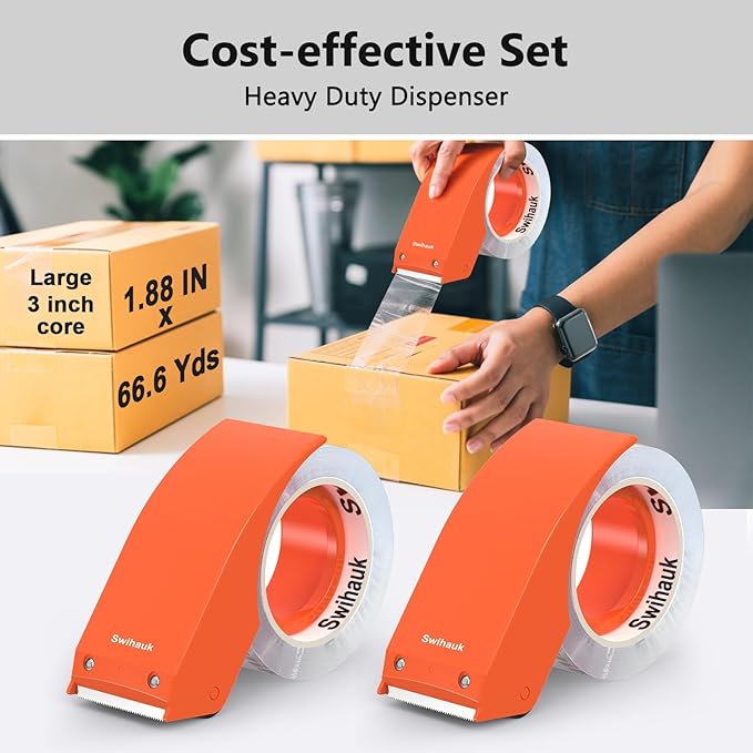 Swihauk 1.88 in x 66.6 YDs Heavy Duty Packing Tape with Dispenser, Strong & Durable Shipping Tape, Packaging Tape, Clear Package Tape for Shipping Moving Storage and Mailing, 2 Roll + 2 Dispenser