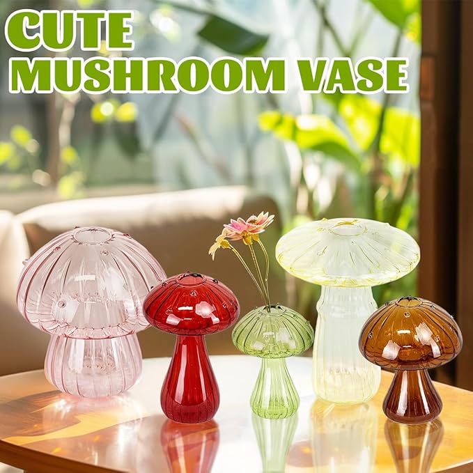 5 Pcs Mushroom Glass Planter for Plants, Stylish Unique Mushroom Vase for Home Decoration,Colorful Propagation Jars,Ideal Gardening Companion and Creative Floral Arrangement