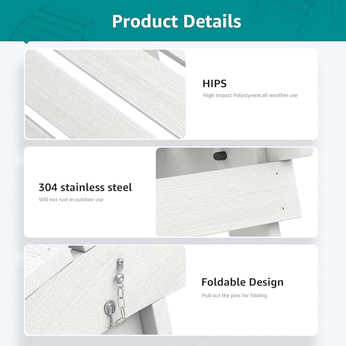 SERWALL Folding Adirondack Ottoman Set of 2, No-Assembly Outdoor Footstool, High Impact Polystyrene Folding Adirondack Footrest, White