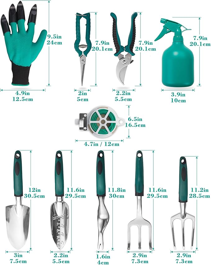 FiveJoy Garden Tool Set, 11 Piece Aluminum Alloy Hand Tool Starter Kit with Garden Bag, Outdoor Tool, Heavy Duty Gardening Work Set with Ergonomic Handle, Gardening Tools