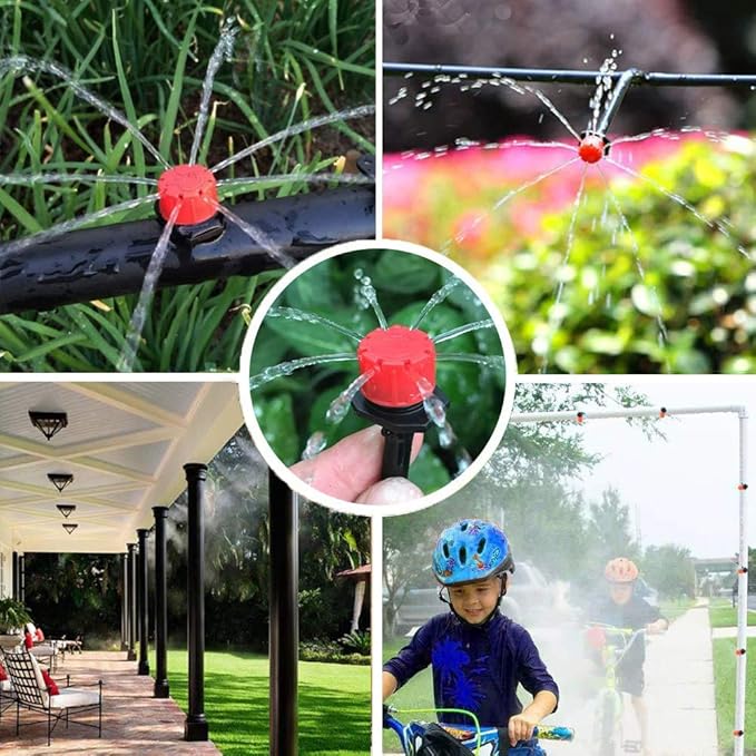 MSDADA Garden 50Ft Automatic Drip Irrigation Kits, 1/4" Blank Distribution Plant Watering Irrigation Kit Accessories Include Adjustable Nozzles, Cooling Irrigation System for Garden (Red)