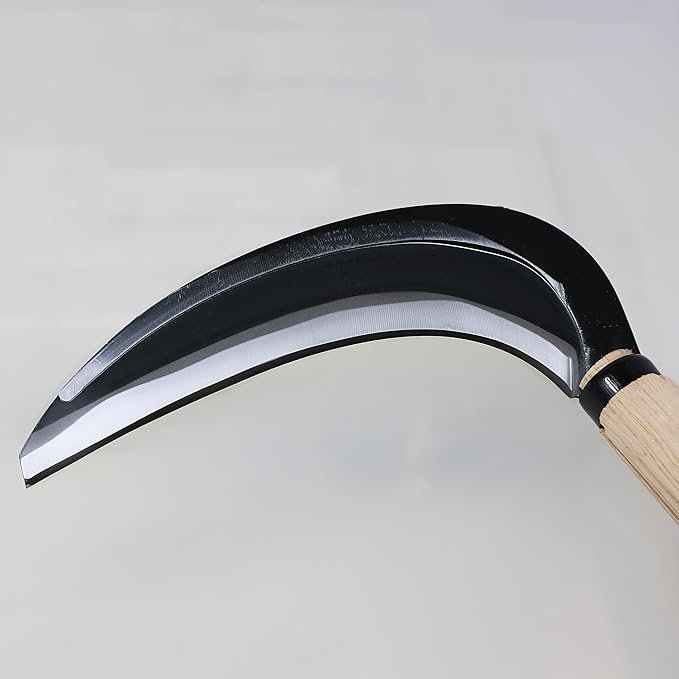 KAKURI Japanese Weeding Sickle Long Handle 45" [Thick Blade] Grass Sickle Stand Up Weeding Tool, Razor Sharp Japanese Carbon Steel Blade, Made in Japan