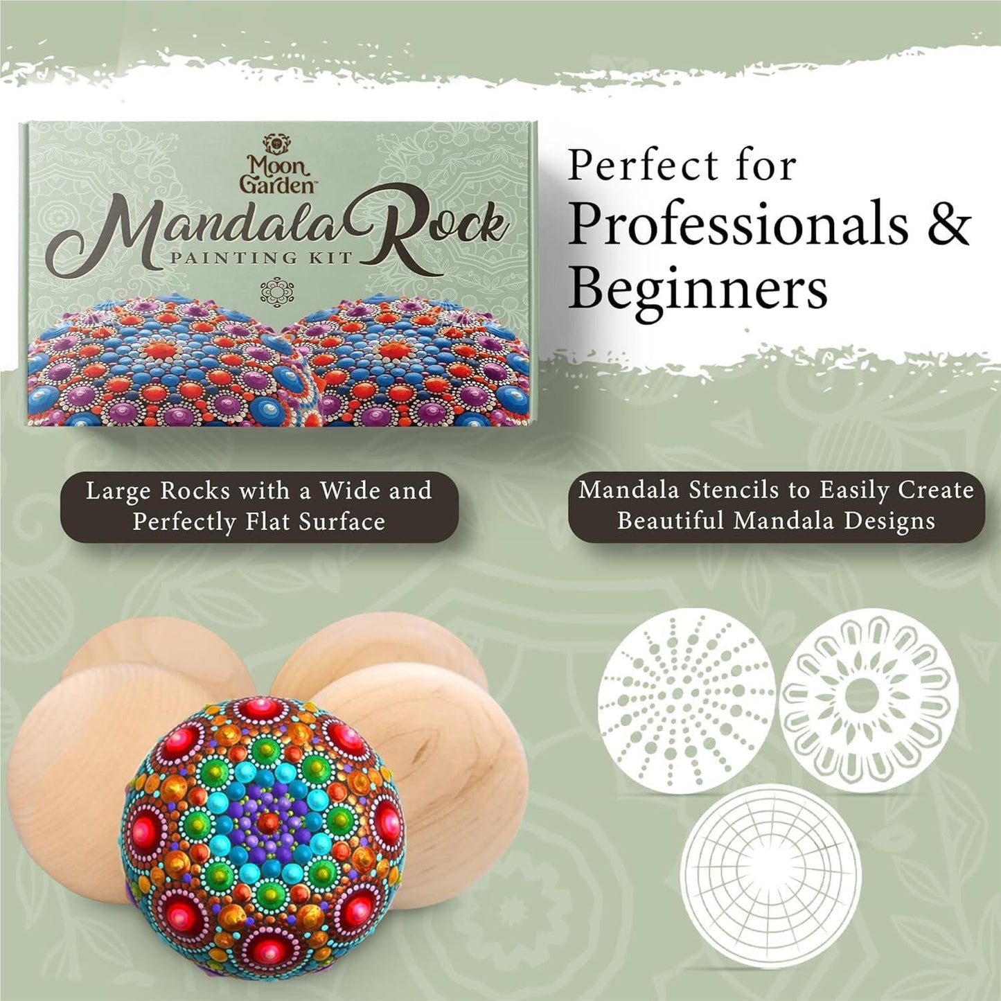 MoonGarden Mandala Rock Painting Kit - Mandala Dotting Tools Kit - Large Wooden Rocks for Painting, Stencils, Acrylic Paints, Dotting Tools for Rocks - Dot Art Kit for Adults & Kids