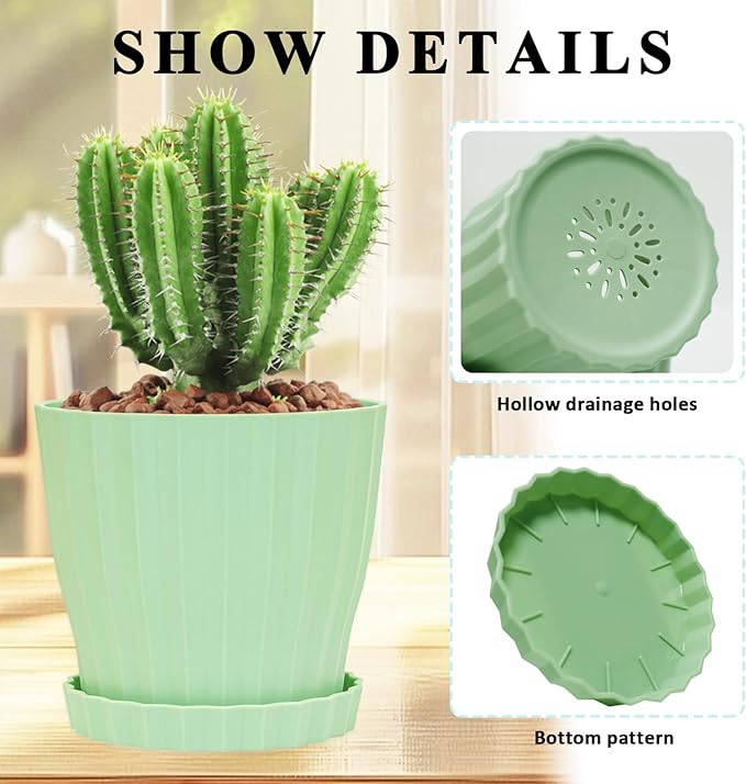 5 Pack Flower Pots for Indoor Plants, 6 inch Plant Pots Outdoor Planters for Porch Garden Office Home Decorative Holiday with Drainage Holes and Saucers, Plastic Planter Nursery Pots Green