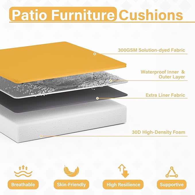 Patio Chair Cushions 17 X 16 X 3 Inch Waterproof Outdoor Seat Cushions for Patio Furniture, Outdoor Sofa Couch Pads with Ties & Handle, Set of 2, Yellow
