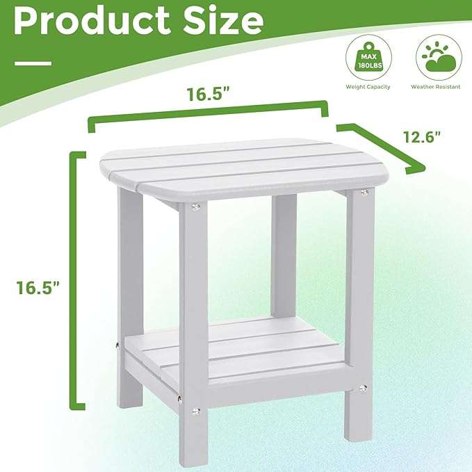 Adirondack Square Outdoor Side Table,2-Tier Storage Patio Side Table, HDPE End Tables for Backyard Pool Porch Garden Lawn(White)