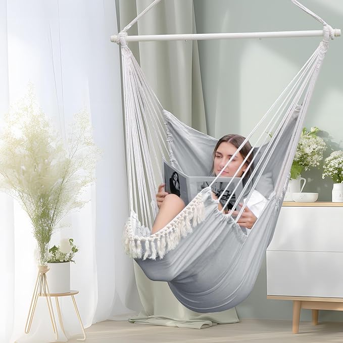 Chihee Hammock Chair Hanging Chair with Foot Rest 2 Cushions Max 500lbs Robust Metal Spreader Bar Collapsible Easy Storage Soft Cotton Swing Chair Strong Strap Iron Carabiner Side Pocket Included