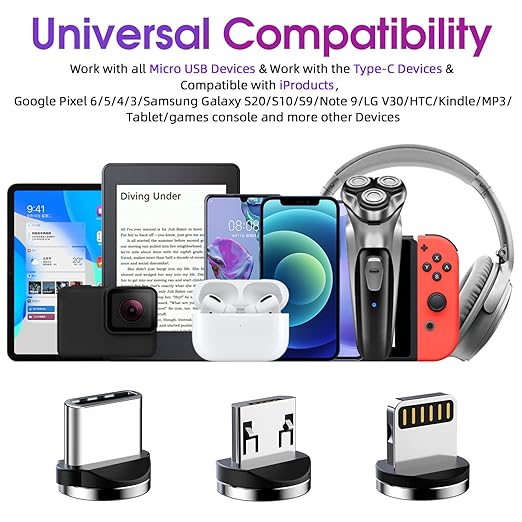 Magnetic Charging Cable 540° Rotating Magnetic Phone Charger [6-Pack, 3ft/3ft/3ft/6ft/6ft/10ft] 3 in 1 Magnetic Charger Cable Nylon Braided Magnetic USB Cable for i-P/Micro USB/Type C Device-Purple