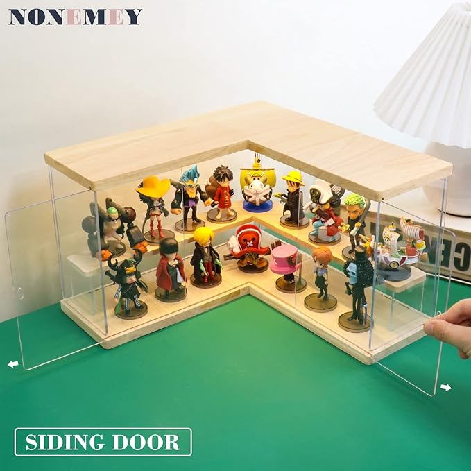 NONEMEY Clear Acrylic Display Case Stand with Wood Base 2/3/4/5/6 Tier Storage Box Showcase Dustproof Organizer Box for Collectibles (2Tier L Shape)
