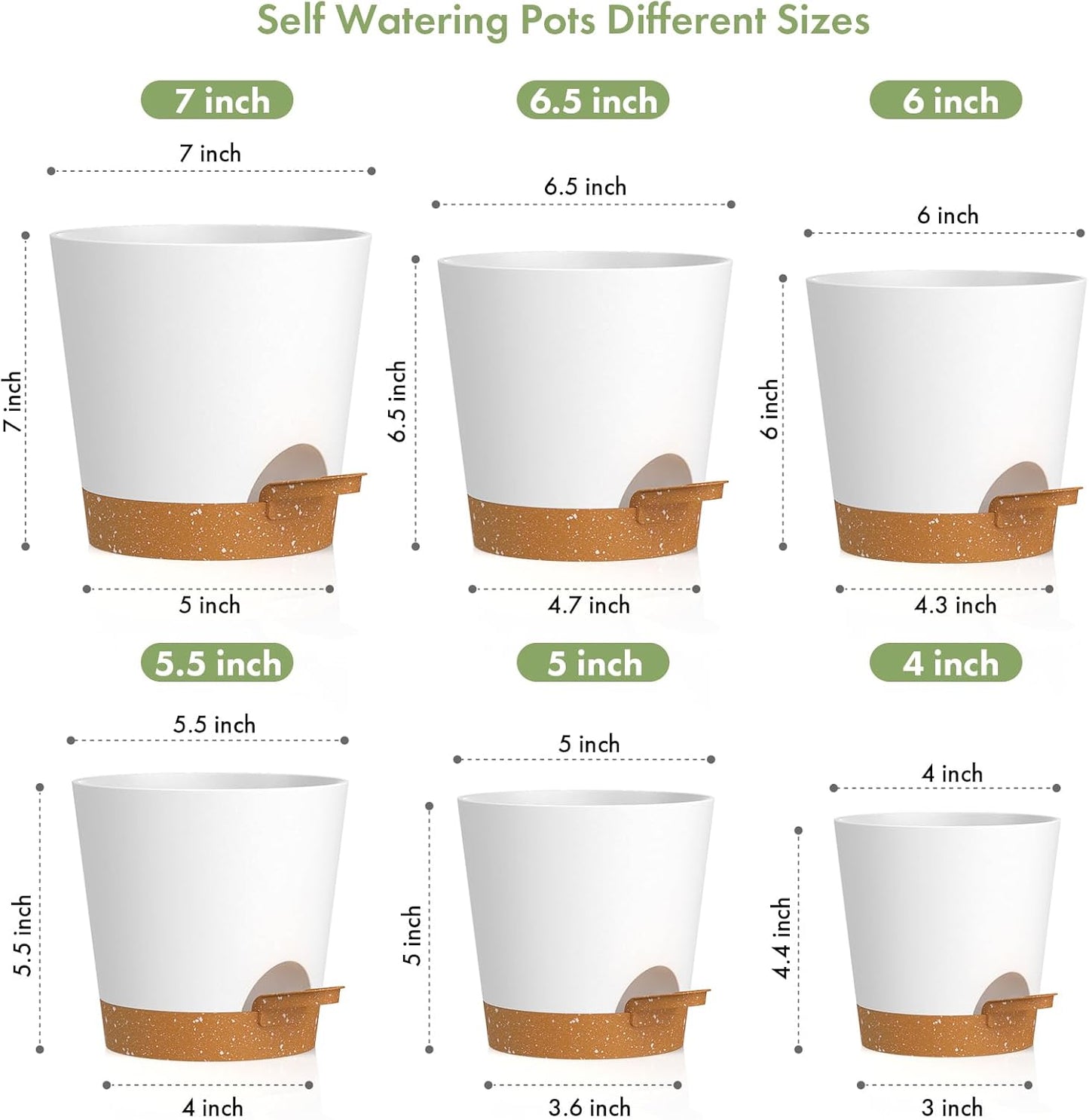 7/6.5/6/5.5/5/4 inch Self Watering Pots for Indoor Outdoor Plants, 6 Pack Plastic Flower Planters with Drainage Holes and Removable Saucers, Plant Pots with Wicking Rope, White Brown