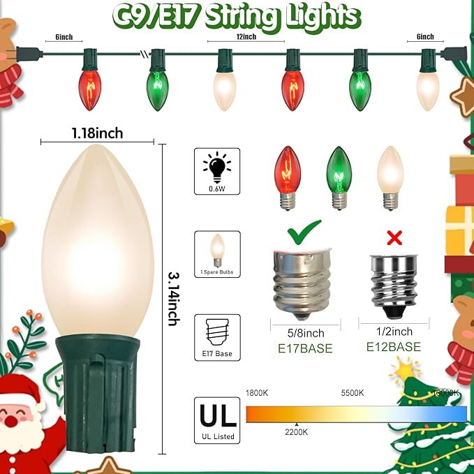 25ft C9 Clear Incandescent Christmas Lights - Red, White, Green Outdoor String With 26 Multicolor Bulbs - Waterproof Plug-In for Roofline, Tree, Garden Decor