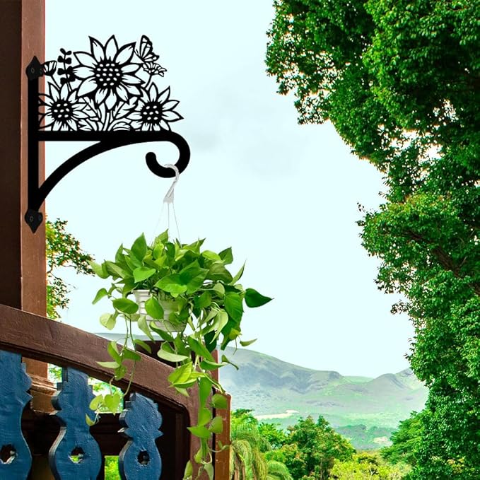 Peacoblue Iron Plant Hangers Hooks for Outdoor Indoor Hanging Plants Flower Fern Pots Lantern Bird Feeder Wind Chimes, 12"x15" Weather Resistant Metal Wall Holder for Porch Garden Farmhouse(Sunflower)