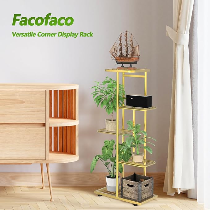 5 Tier 6 Potted Gold Plant Stand Indoor Outdoor with Gardening Tools and Gloves, Upgraded Corner Metal Plant Rack Units Shelf for Multiple Plants, Flower Pot Holder Display for Patio, Balcony, Living