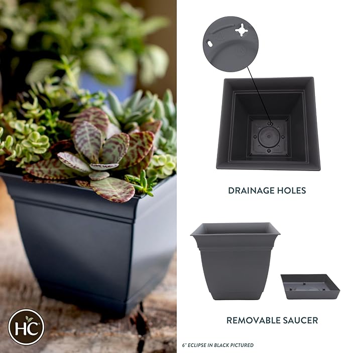 The HC Companies 10 Inch Eclipse Square Planter with Saucer - Indoor Outdoor Plant Pot for Flowers, Vegetables, and Herbs, Warm Gray